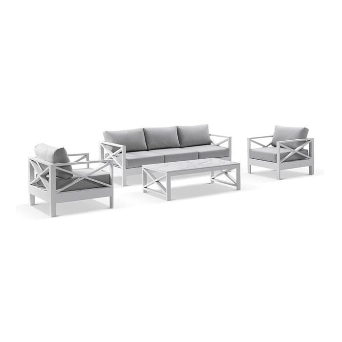 Kansas 3+1+1 Seater Lounge Set Coffee Table White & Olefin Grey Cushions