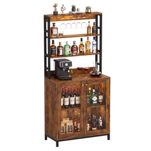 Advwin Tall Wine Bar Cabinet with RGB LED Lights Charging Station Coffee Bar Station Brown