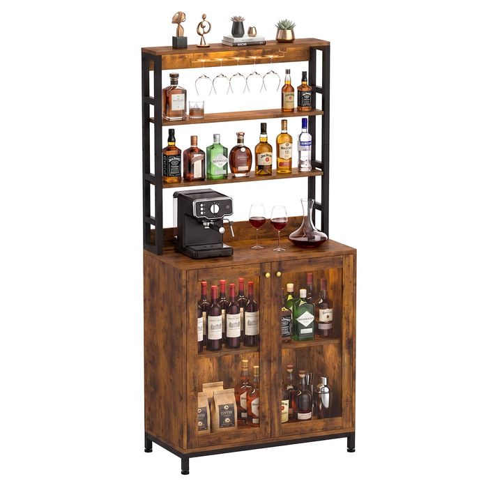 Advwin Tall Wine Bar Cabinet with RGB LED Lights Charging Station Coffee Bar Station Brown
