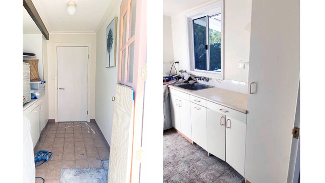 A laurndry that is getting a makeover, old white timber cabinets and brown floor tiles