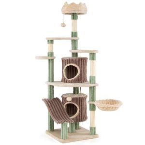 Costway 163cm Cat Tree W/2 Condos Plush Perch Basket Bed Sisal Posts Balls