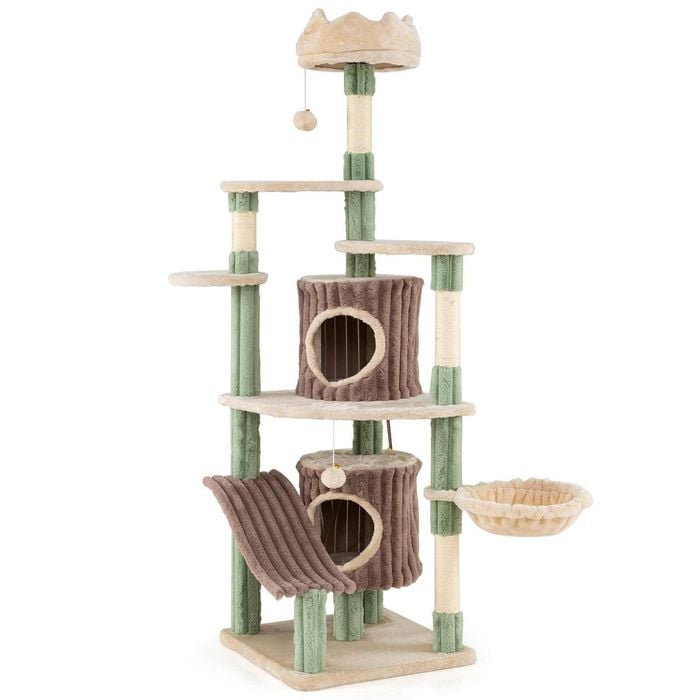 Costway 163cm Cat Tree W/2 Condos Plush Perch Basket Bed Sisal Posts Balls