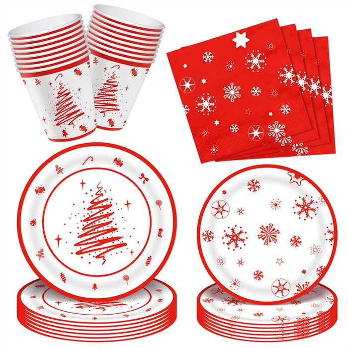 Catzon 64pcs Christmas Tableware Xmas Disposable Dinnerware Tableware Set