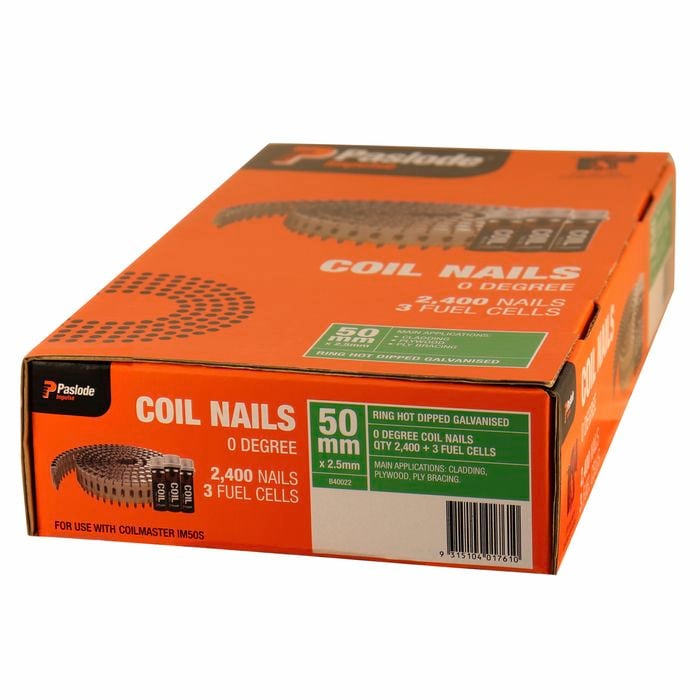 Paslode 50 x 2.5mm Impulse Hot Dip Galvanised Ring Shank Coil Nails - 2400 Box