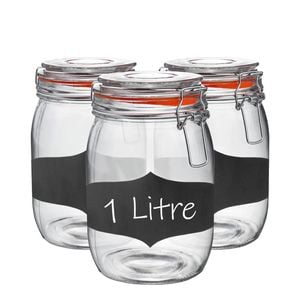 Argon Tableware 6x Glass Storage Jars & Labels Set - 1l/33.8oz 4 Colour Seals Airtight Kitchen Storage Container Preserving Jar