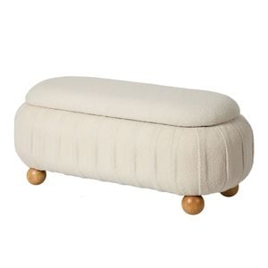 Oikiture 103cm Boucle Storage Ottoman Oval Bench Ball Legs Beige