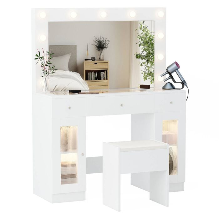 Advwin Dressing Table Set LED Light Charging Station Glass Cabinet Tabletop White