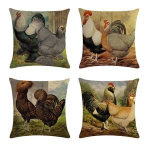 Catzon 4 Pcs Rooster Painting Throw Pillow Covers Linen Pillowcase for Couch-A