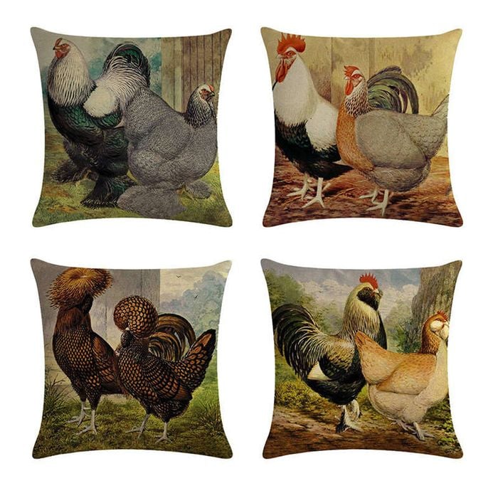Catzon 4 Pcs Rooster Painting Throw Pillow Covers Linen Pillowcase for Couch-A