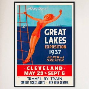 Galrie 1937 Cleveland Great Lakes Exposition Vintage Travel Poster Artwork, Black Frame, 70 x 100cm (28 x 40inch)