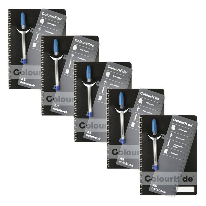 5pc Colourhide Writing Notebook W/ Ruler A5 School Stationery 200-pages Black
