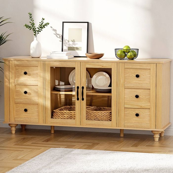 Homfurn 150cm Buffet Sideboard With Clear Doors, Faux Drawer Design, Pine