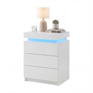Advwin Bedside Table LED Nightstand 3 Drawers Lift Up Top White