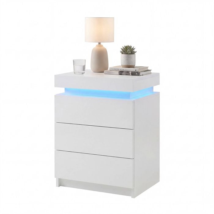 Advwin Bedside Table LED Nightstand 3 Drawers Lift Up Top White