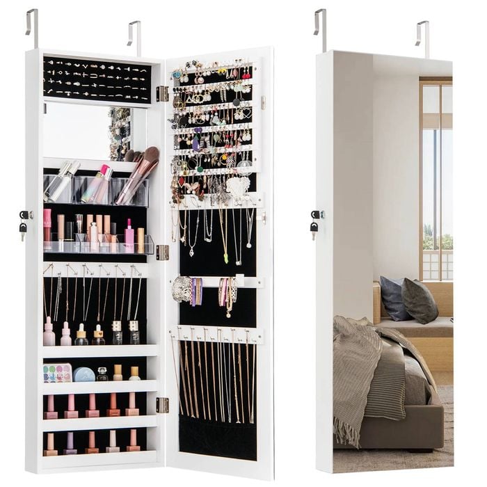 Costway 110cm Jewelry Cabinet Armoire Wall/door Mounted Mirror White