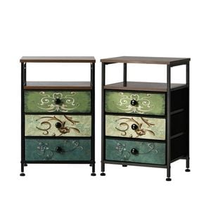 Oikiture 2pc Bedside Tables Fabric Nightstand 3 Drawers Retro End Table Shelf