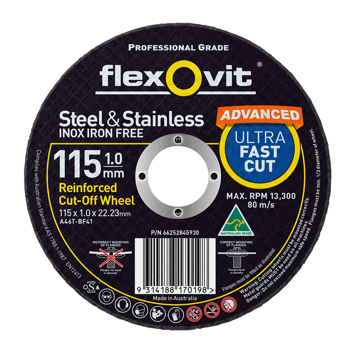 Flexovit 115 x 1.0 x 22.23mm Black Metal Cut Off Wheel