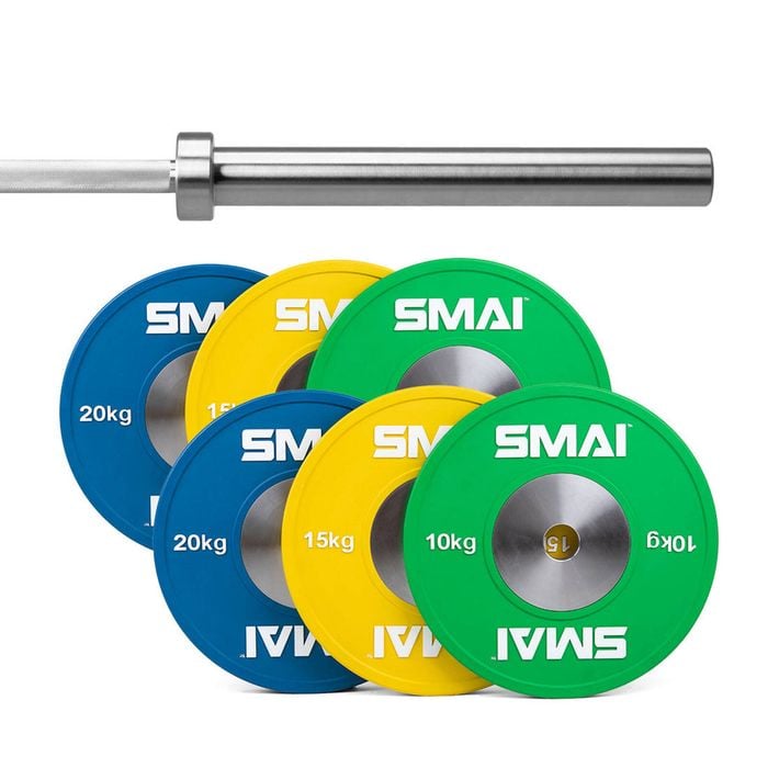 Smai Competition Bumper Plate Set With Barbell - 90kg + 15kg Silver Barbell (bearing)