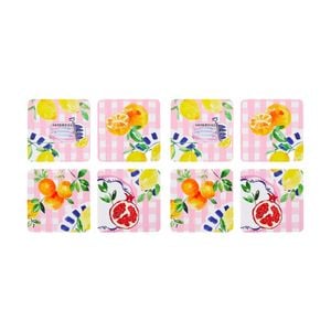 2x 4pc Porto Positano Inspired/pink Check W/ Lemons Coasters 10cm