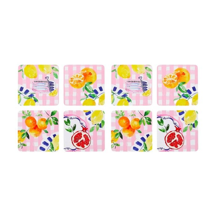 2x 4pc Porto Positano Inspired/pink Check W/ Lemons Coasters 10cm