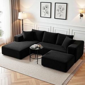 Homfurn 275cm U-shaped Modular Sofa Bed, Frameless Cloud Sofa, 30d Foam, Black Corduroy With Ottoman, No Assembly Required