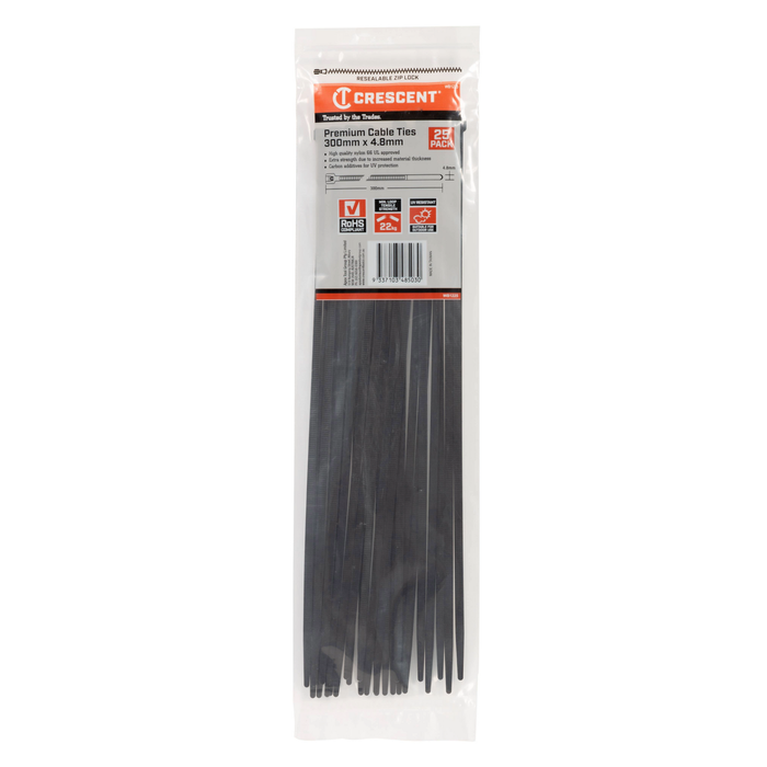 Crescent 300 x 4.8mm Black Cable Ties - 25 Pack