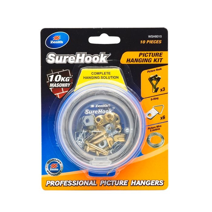 Zenith 10kg Brass Plated SureHook 10 Piece Masonry Picture Hanging Kit