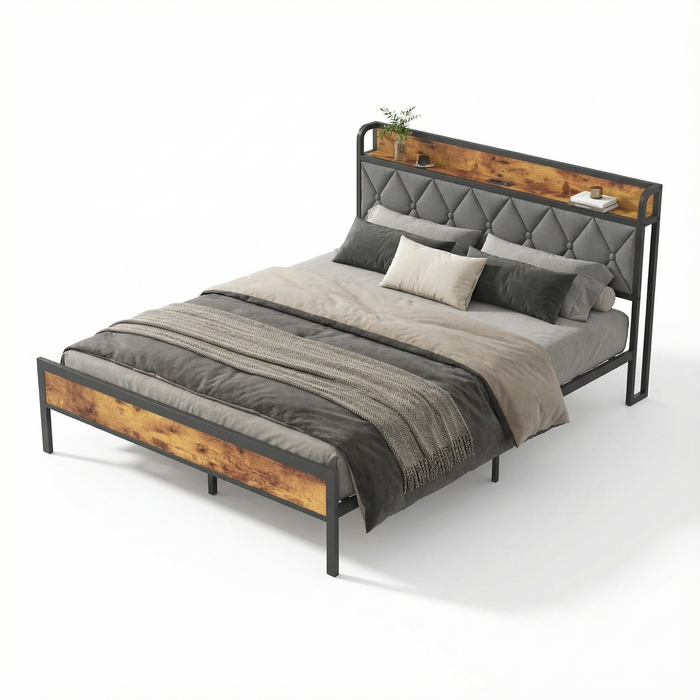 Advwin Bed Frame Queen Size with Charging Station and USB Ports Storage Tufted Headboard Shelf
