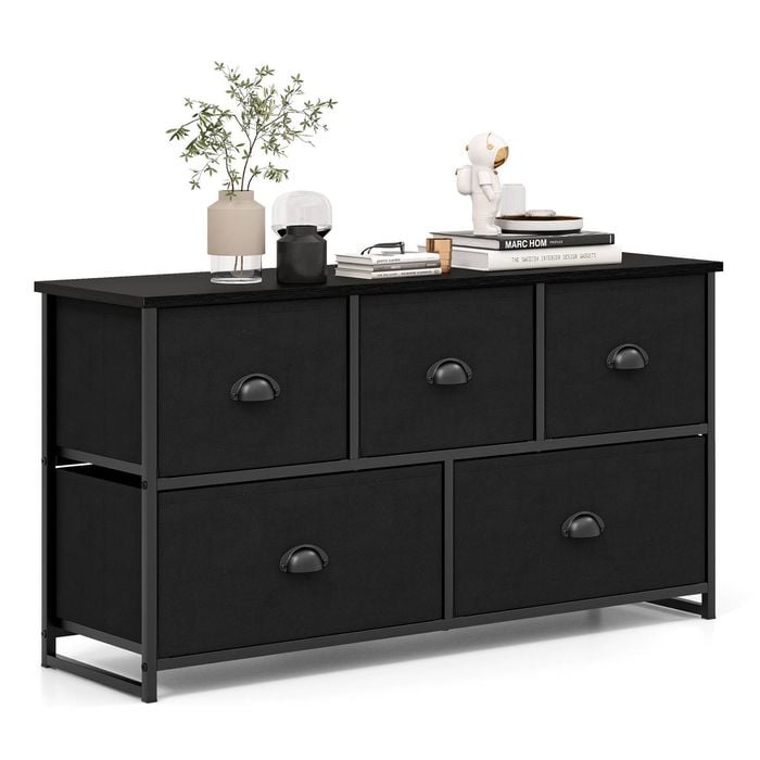 Costway 5 Chest Of Drawers Storage Cabinet Lowboy Fabric Dressers Black