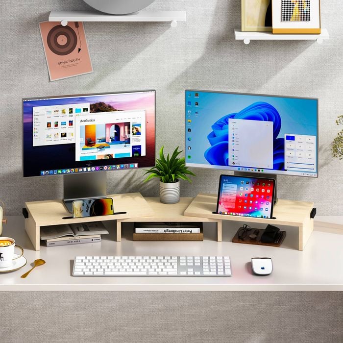 Ufurniture Dual Monitor Stand Riser Wood Adjustable Wood