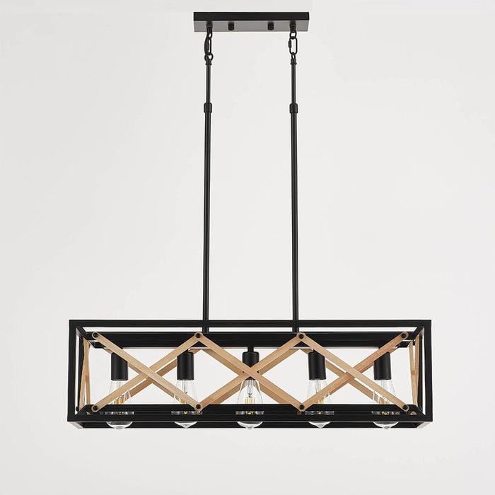 LumenSphere Diego 5-Light Retro Wood Pendant - Black Finish, Natural Wood Accents, E27 Base