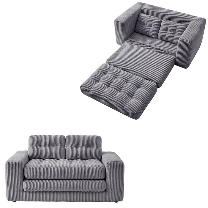 Ufurniture 142cm Convertible 2 Seater Sofa Bed w/ 2 Pillow Boneless Corduroy Loveseat Floor Sleeper Sofa Grey