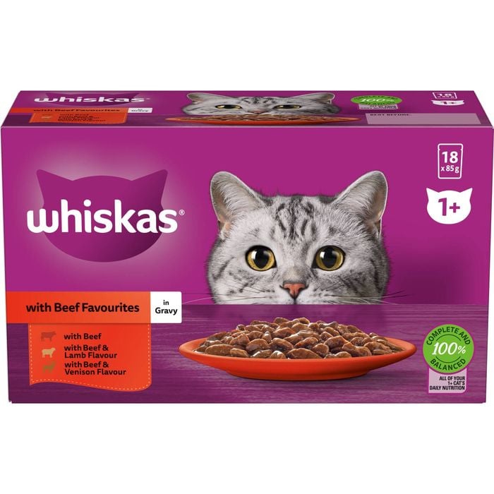 Whiskas 85g Beef Mixed Favourites In Gravy Cat Wet Food - 18 Pouches