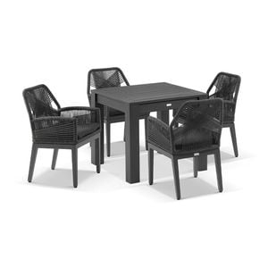 Santorini Outdoor 4 Seater Aluminium Dining Table Charcoal With Hugo Chairs & Grey Rope/denim Cushions