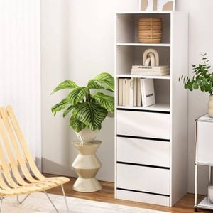 Homfurn 3-drawer Tallboy Cabinet – 3 Adjustable Shelves, Handle-free Design, Wall Attachment, White