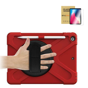 StylePro Combo, iPad 7th, 8th, 9th, 10.2” Case With Tempered Glass Screen Protector, Hand Strap & Rotating Stand, 10.2, Red