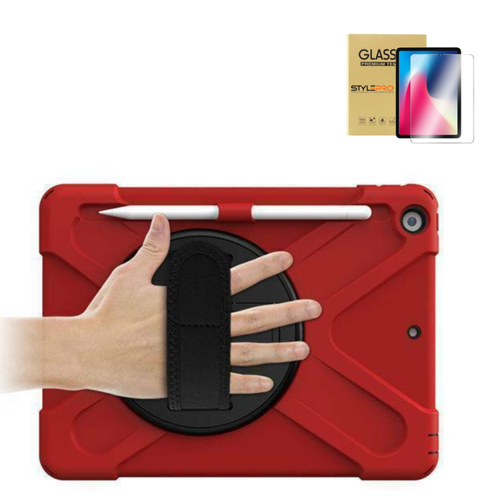 StylePro Combo, iPad 7th, 8th, 9th, 10.2” Case With Tempered Glass Screen Protector, Hand Strap & Rotating Stand, 10.2, Red