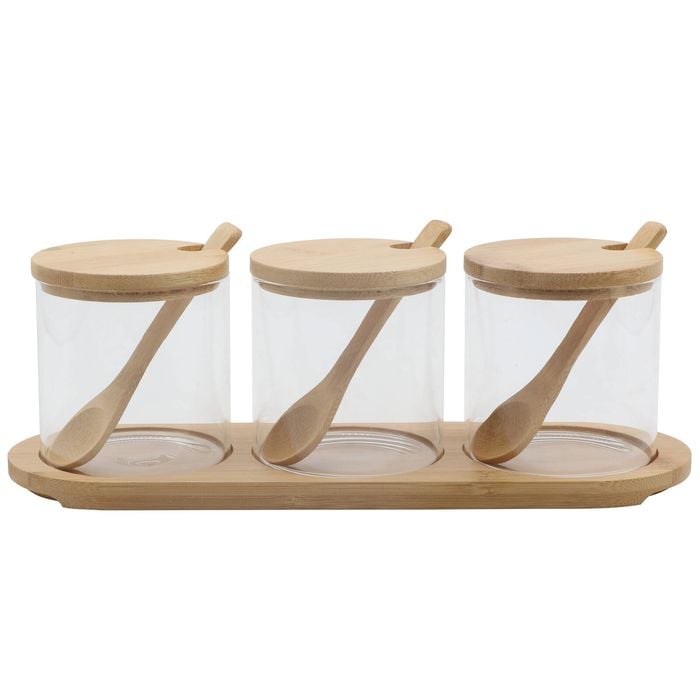 Glass And Spoon Jar Set Of 3 With Tray