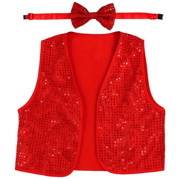 Adult Unisex SEQUIN BOW TIE & VEST Dance Costume Party Sparkle Set in Red