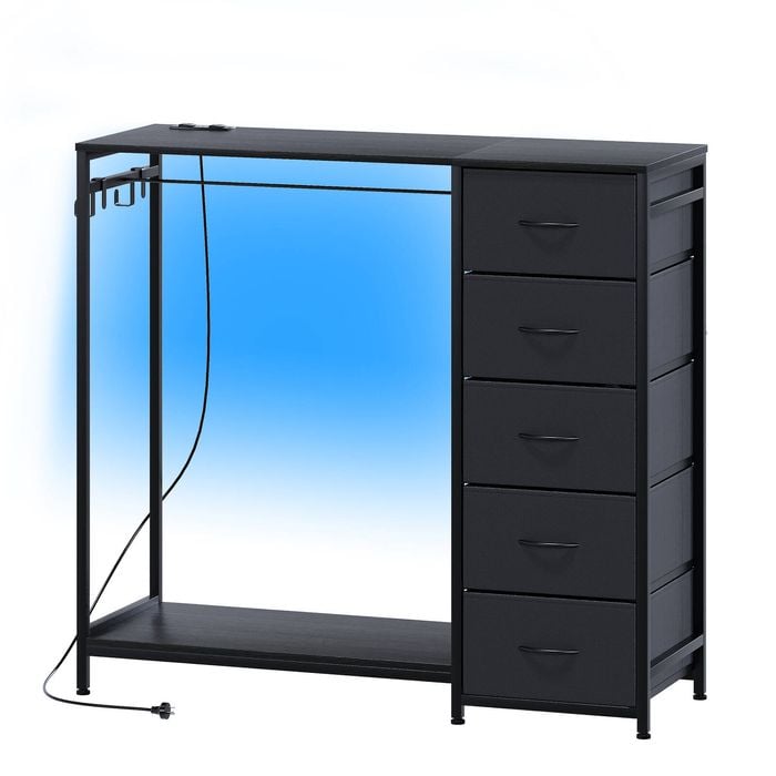 Ufurniture Fabric Chest Of Drawers With Hanging Rack, Dresser With Clothes Rack, Led Lights Charging Station, Black