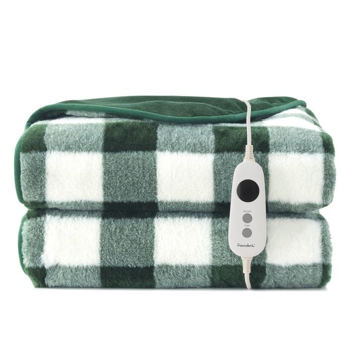 Dreamaker Gingham Plush Electric Heated Throw Blanket Green - 180x200cm | Overheat Protection, 9 Heat Setting, Machine Washable