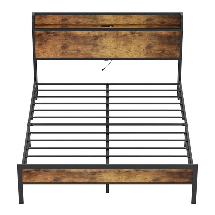 Ufurniture Double Bed Frame Metal Storage Headboard Shelf with Charging Station and USB Ports