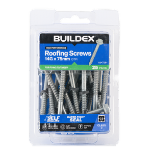 Buildex 14G x 75mm Class 3 Roofing Screws with Seal - 25 Pack