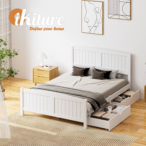 Oikiture Wooden Bed Frame Double Size with Trundle Drawers White ...