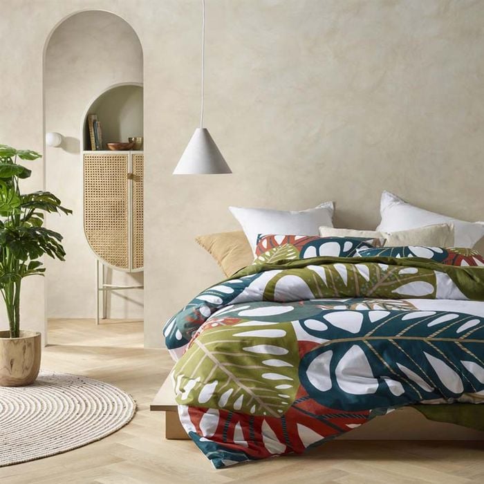 Accessorize Bedroom Collection Queen Forest Green Monstera Digital Printed Cotton Quilt Cover Set