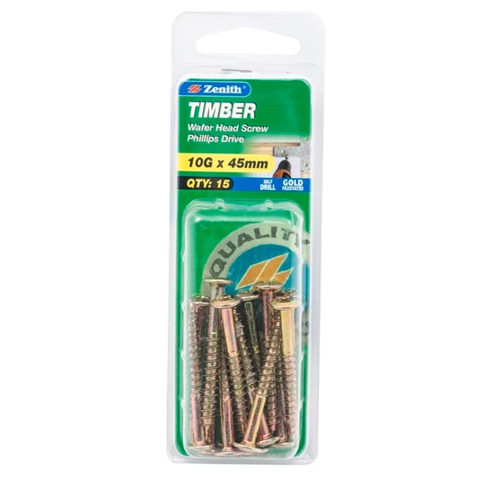 Zenith 10G x 45mm Gold Passivated Timber Wafer Head Screw - 15 Pack