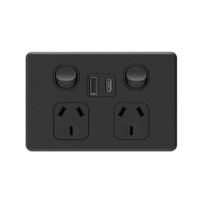 DETA Matte Black S-Line Double Power Point With USB A And C Charger