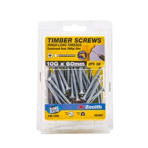 Zenith 10g x 60mm Zinc Plated Hinge-Long Thread Timber Screw - 50 Pack