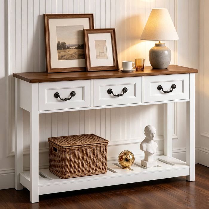 Ufurniture Wood Console Table with 3 Drawers, 100cm Entryway Table with Slatted Shelf White+Walnut