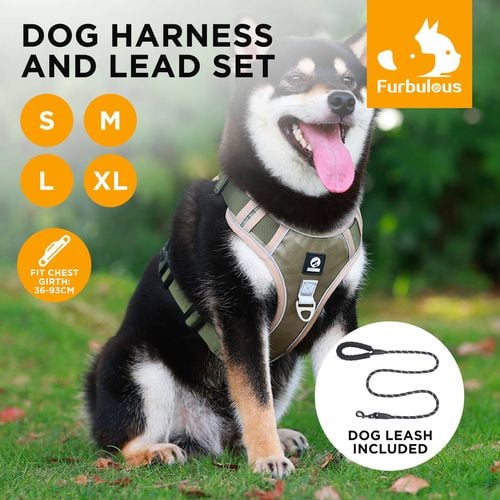 Furbulous Tactical Dog Harness Adjustable No Pull Pet Harness Training Dog Harness with 1.5m Lead Khaki Large Bunnings Australia